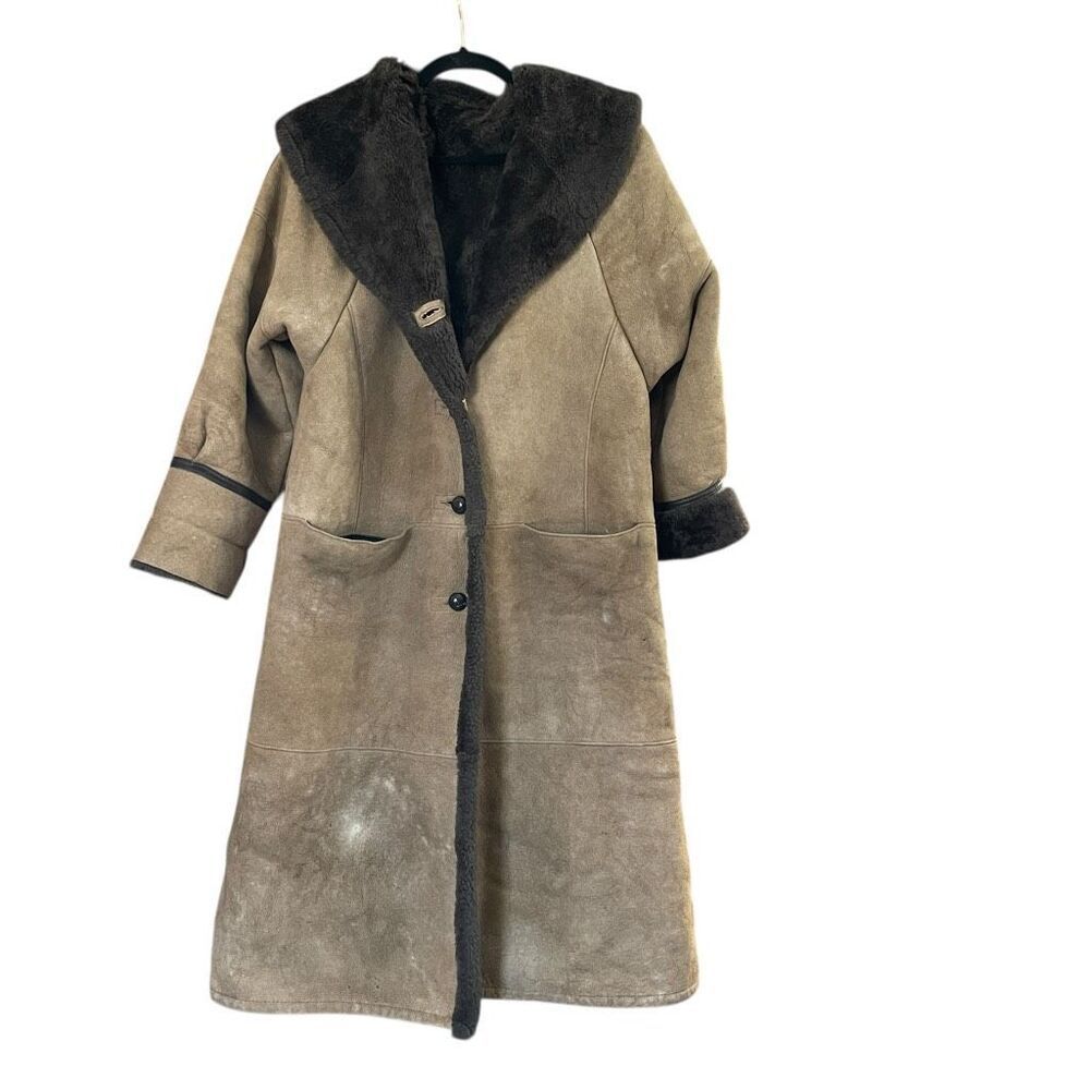 Vintage Shearling Suede Full-Length Trench Coat Genuine Sheepskin 70s